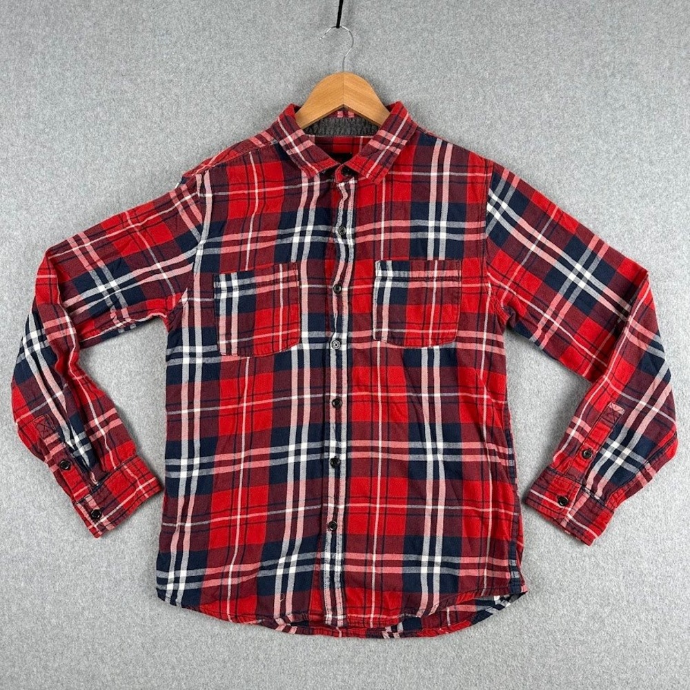 Quiksilver Mens Red Navy White‎ Plaid Long Sleeve Button Up Shirt Medium Cotton